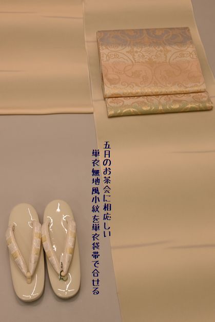 五月のお茶席の装いを無地風小紋で纏める
