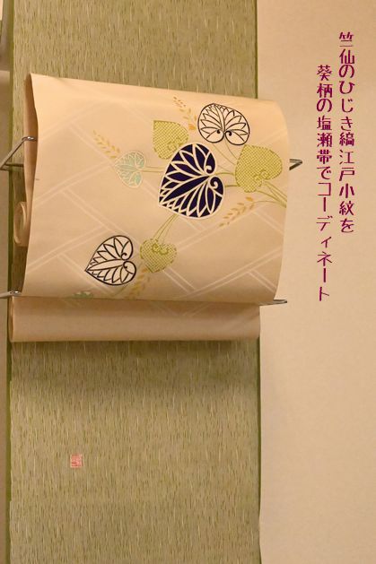 竺仙のひじき縞江戸小紋を葵柄の塩瀬帯でコーディネート
