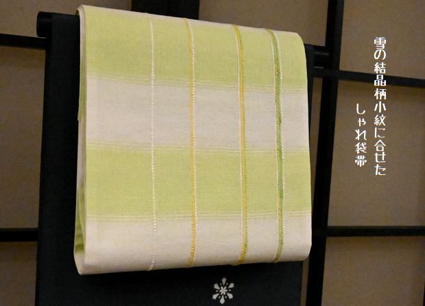 雪の結晶柄小紋に合わせたしゃれ袋帯