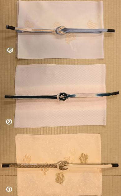 組み合わせた3パターンの帯締と帯揚げ