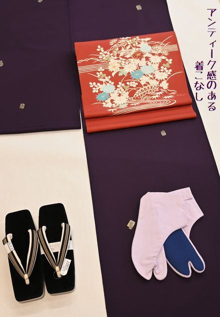 紫地の小紋と赤い染帯でアンティーク感のある着こなし