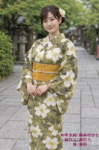知多木綿/綿麻ゆかた(綿75％：麻25％)「椿・黄色」