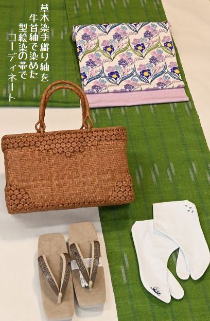 草木染め手織り紬を型絵染の帯でコーディネート