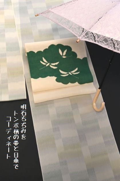 明石ちぢみをトンボ柄の夏帯と日傘でコーディネート