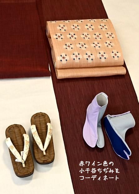 赤ワイン色の小千谷ちぢみをコーディネート